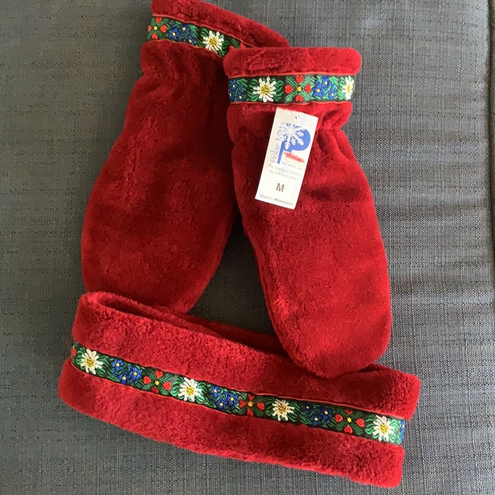 Polar fleece red mittens and matching headband.